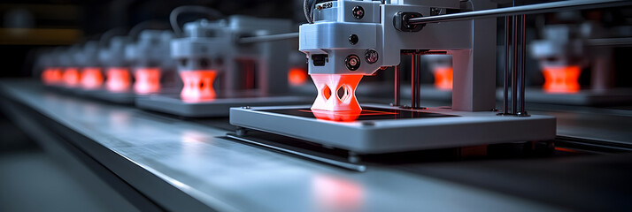 Poster - Close-up view of a 3D printer in action,manufacturing a plastic object through a process of layered additive manufacturing. This innovative technology enables rapid prototyping,customization.
