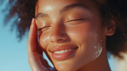 Wall Mural - A young woman with glowing skin gently touches her face. She's smiling, showcasing the benefits of skincare and beauty products.