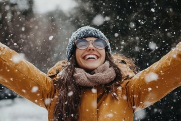 Wall Mural - Cheerful woman in a parka jacket enjoying the snow