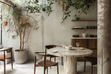 Wall Mural - Dining room with a circular marble table, walnut wood chairs, and hanging plants, adding a modern organic touch. interior design concept 