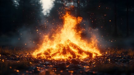Poster - Dramatic bonfire blazing with intense flames,glowing embers,and sparks in the dark wilderness at night. The powerful fire creates a fiery,vibrant.