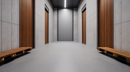 A modern corridor featuring two wooden doors, minimalist design, and concrete walls, illuminated by a central light.