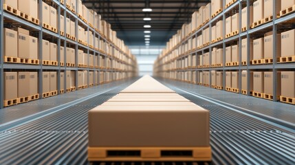 A spacious warehouse filled with neatly stacked boxes on shelves, highlighting an organized storage system and efficient logistics.