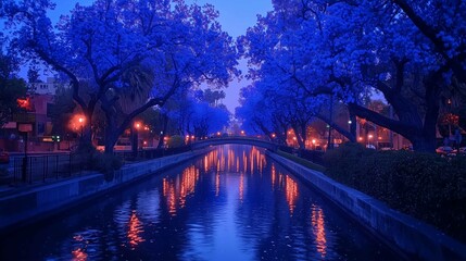 Wall Mural - Tourists enjoy the illumination display for Christmas season & New Year. Trees decorated in bluish purple lights along a pedestrian promenade
