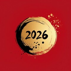 2026 New Year Gold Circle Brush Stroke on Red Background with Ink Splatter with Generative AI.