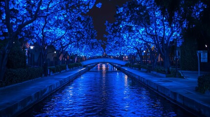 Wall Mural - Tourists enjoy the illumination display for Christmas season & New Year. Trees decorated in bluish purple lights along a pedestrian promenade
