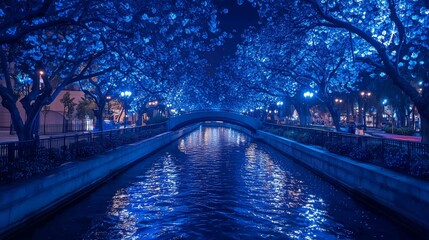 Wall Mural - Tourists enjoy the illumination display for Christmas season & New Year. Trees decorated in bluish purple lights along a pedestrian promenade
