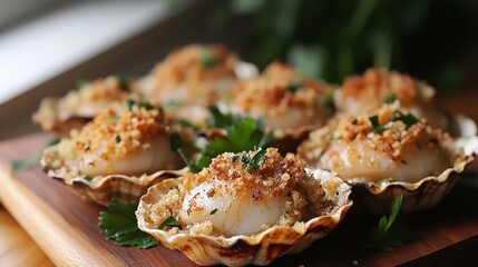 An elegant dish of baked scallops topped with a garlic herb butter