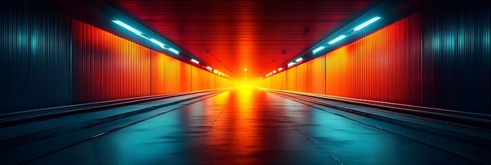 Poster - Futuristic illuminated tunnel with vibrant converging lights creating a dramatic architectural passage way.