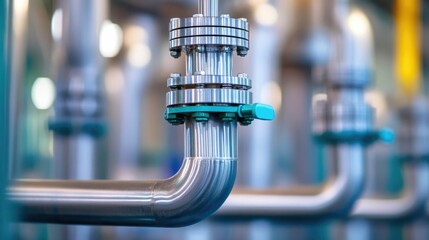 Close up view of a sleek industrial distillation tower with refined fuel processing equipment and deep depth of field