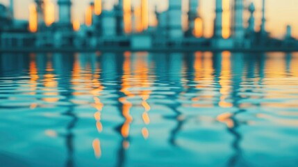 Serene reflection of a sprawling oil refinery plant mirrored in the calm waters creating a cinematic and atmospheric industrial landscape