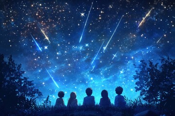 starry night sky filled with shooting stars, creating a magical atmosphere as a group of friends gaz