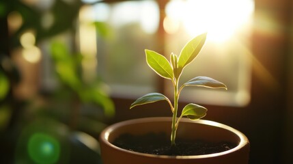 A low-angle view of a plant pot, with the plant growing upwards toward sunlight. The background is softly blurred with a window in the distance.