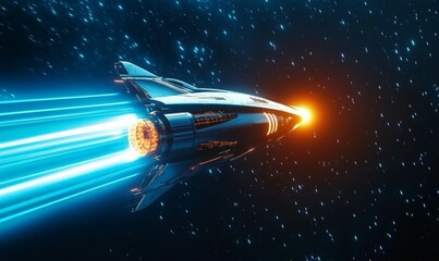 Wall Mural - a sleek, silver spaceship with a glowing orange engine is shown traveling through space. it leaves a