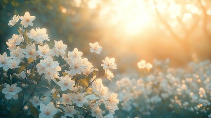 Wall Mural - White Flowers Blooming in the Golden Hour