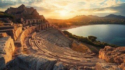 Wall Mural - Ancient theater ruins overlooking a serene bay during a beautiful sunset in Sicily, Italy