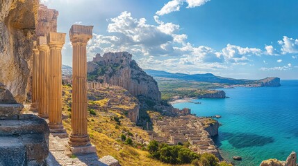 Wall Mural - Ancient columns overlooking the coastline at sunset in Selinunte, Sicily, showcasing beautiful cliffs and crystal-clear waters