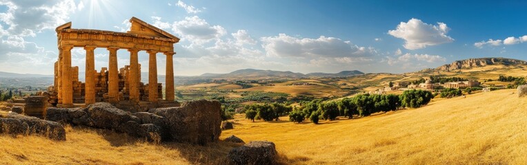 Wall Mural - The ancient temple ruins in Sicily bask under the warm golden sun against a backdrop of rolling hills and blue skies during sunset