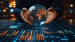 © anantachat - Person holding a transparent globe featuring prominent continents over a business chart, symbolizing market reach and global strategy with empty space for text