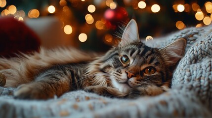 Wall Mural - Domestic cat. Cute cozy pet Christmas home photo. Xmas calming mood animal. Funny portrait of pets in decorated indoor family cosy atmosphere. Winter season banner design