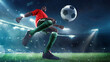 © master1305 - Low angle view on focused African-American woman, soccer player controlling ball, dynamically playing outdoor, under evening sky. 3D render of stadium. Concept of sport, tournament, competition, game