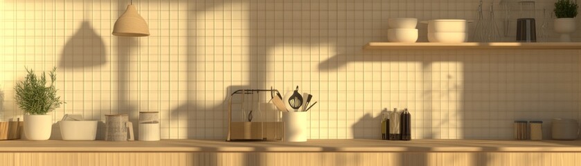 Wall Mural - A serene kitchen scene with natural light, showcasing utensils, plants, and minimal decor.