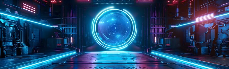 Wall Mural - blue podium with blue light in the dark room