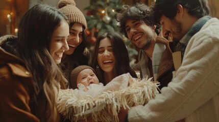 Joyful family celebrating the birth of their newborn baby around a christmas manger scene