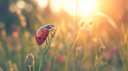 Wall Mural - Ladybug perched on grass blade with warm sunlight backdrop