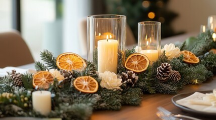 elegant christmas centerpiece featuring candles and dried orange slices for festive decor
