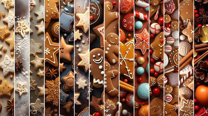 Wall Mural - Abstract background with Christmas sweet, gingerbread piece and cookie stripes. Horizontal composition. Concept of Christmas, holiday and New Year food.