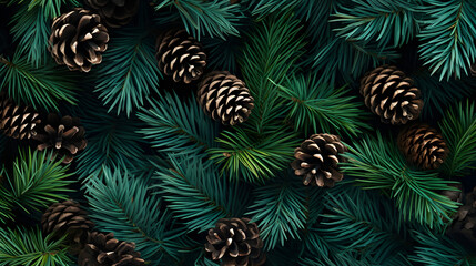 Wall Mural - fir branches and cones green needle abstract background christmas texture. horizontal composition.