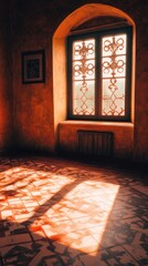 Wall Mural - A sunlit room with a patterned floor and a decorative window casting shadows.