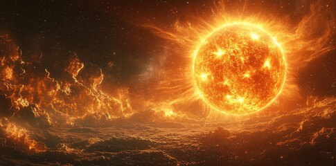 Wall Mural - Fiery sun erupting in space with cosmic flames and stars Generative AI