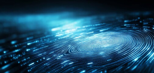 Poster - Abstract futuristic data visualization with glowing lines and circles, creating a dynamic digital environment, on a dark background.