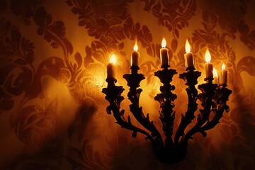 Menorah Lit with All Candles: A close-up shot of a beautifully designed menorah with all nine candles lit, their flames glowing warmly in a dimly lit room, with soft shadows cast on the wall behind