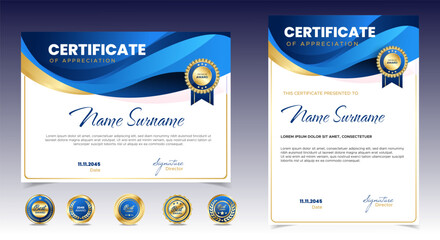 Wall Mural - certificate of appreciation template, gold and blue color. clean modern certificate with gold badge.