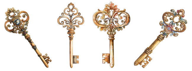 Wall Mural - ornate vintage keys set decorative design elements transparent background