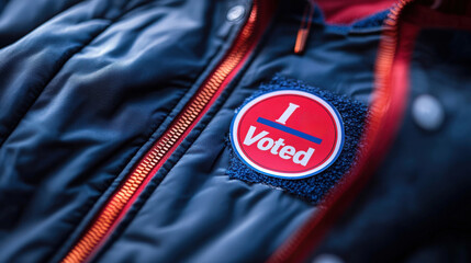 A close-up of an 'I Voted' sticker on a jacket after election day activity