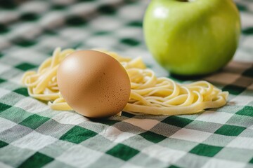 Sticker - Still life composition of food items - egg, pasta, and apple - arranged on a checkered tablecloth