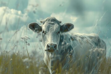 A cow grazing in a lush meadow