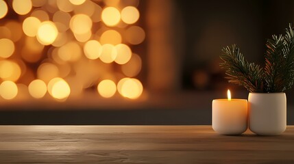 A wooden table with two white candles and a potted plant in the foreground, with a out of focus bright yellow light bokeh background.