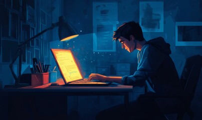 Man working on laptop in dark room.