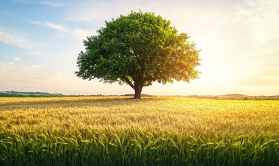 Wall Mural - A solitary tree with a thick trunk and expansive branches standing in the midst of a wheat field, capturing the resilience of nature.