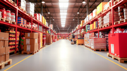 Warehouse Inventory Management: Rows of neatly stacked cardboard boxes and various goods fill a spacious warehouse, showcasing efficient inventory management and logistics. 