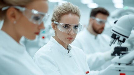 Science Lab Focus: A young female scientist in a lab coat and safety goggles looks intently at her work, surrounded by her team,  with a microscope in the foreground.