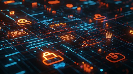 Abstract digital network with glowing icons.