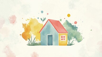 Bright watercolor illustration of a cozy house surrounded by colorful flora, perfect for home decor or design projects.