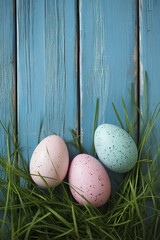 Wall Mural - Three eggs are sitting on a wooden surface with grass in between them. The eggs are of different colors, with one being pink, one being blue, and one being white. The scene gives off a peaceful