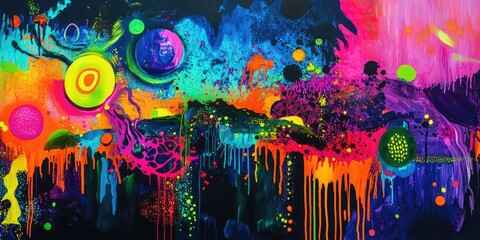 Naklejka na meble Vivid neon hues against an abstract backdrop create a dynamic night scene with flared designs. Neon colors enhance the striking visual impact of the artwork.